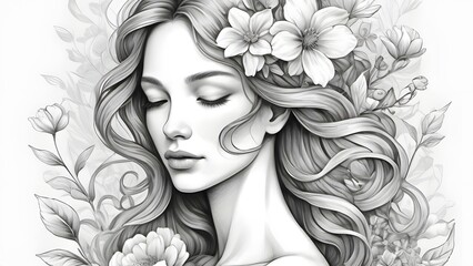 A delicate and elegant line art illustration of a woman intertwined with flowers