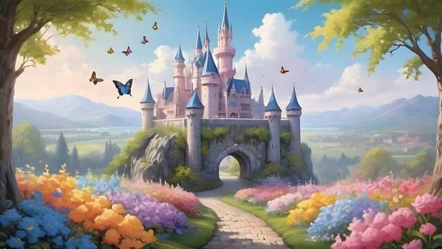 A breathtaking scene featuring a majestic castle towering over a vibrant garden of pastel flowers