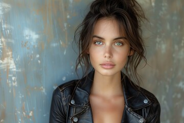 Fototapeta premium Stylish Young Woman in Leather Jacket: Fashion Portrait