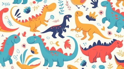 Obraz premium Quirky dinosaurs with a playful twist in a delightful pattern designed to enhance your creative projects Enjoy this charming 2d illustration