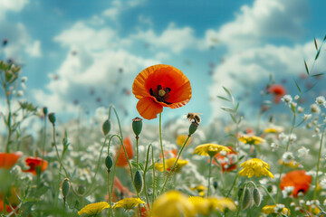 Obraz premium beautiful summer meadow with wild flowers poppies and bee on background. summer landscape, nature scene