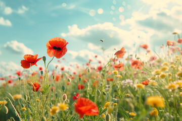 Naklejka premium beautiful summer meadow with wild flowers poppies and bee on background. summer landscape, nature scene