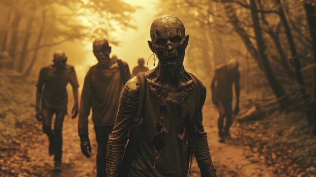 A group of zombies walking down a path in the woods, AI