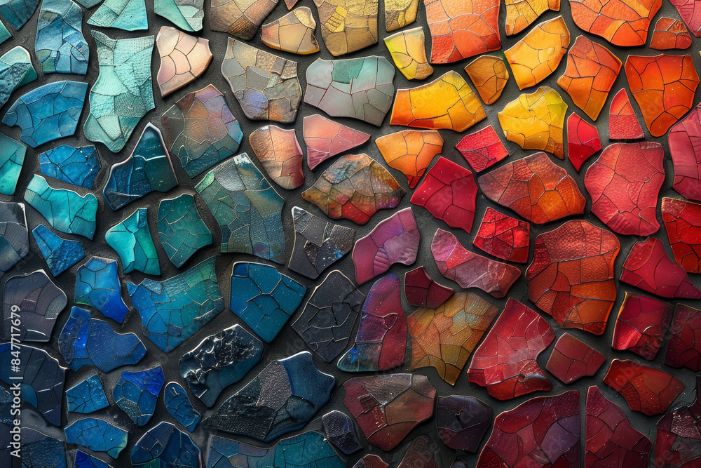 Poster a mosaic of tiny colored tiles creating a larger image. concept of detail and the bigger picture. ge