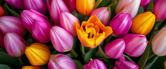 Fototapeta premium Colorful tulip flowers bouquet as a background, top view 