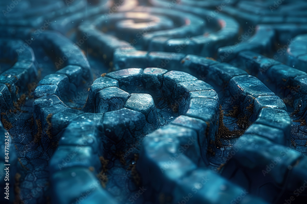 Poster complex maze-like structures intertwined. concept of challenge and exploration. generative ai.