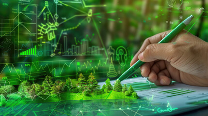 Businessman planning on environmental protection initiative for clean and sustainable future ecology, ESG environmental social governance display on paper chart on eco-friendly company