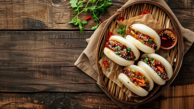 Mouthwatering bao buns from above, stuffed to perfection, placed on a rustic wooden table, clear space for text, appetizing and clean