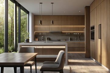 Modern kitchen with large windows, minimalist design, and wooden furniture. The room is well-lit with natural light and features a dining table with chairs, a kitchen island, various kitchen utensils