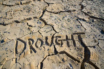 Close up of dry ckracked earth with text 'Drought' on it