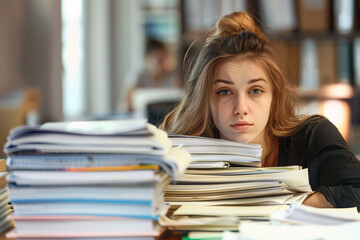 Stressed and tired woman at office desk with many stacks of paperwok