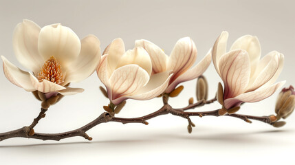 Elegant magnolia flowers in full bloom on a delicate branch, set against a soft gradient background.