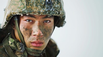 Close-up portrait of a soldier wearing camouflage and a helmet.