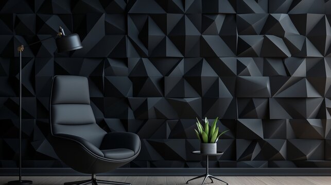 Black wall with 3D geometric triangle patterns, featuring a black armchair, floor lamp, and a small potted plant in front. Minimalist interior design concept for a living room or office space