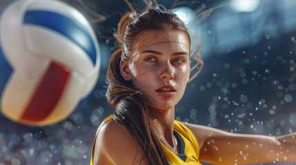 A female volleyball player in the competition field