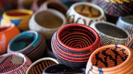 Colorful woven baskets displayed in a market stall.