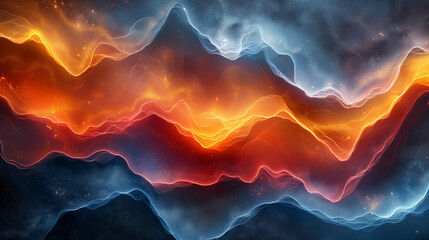A colorful, abstract painting of mountains and waves with a fiery orange