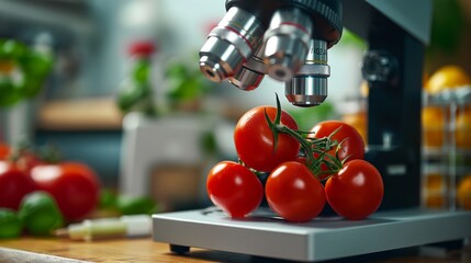 Close-up of laboratory microscope examining fresh tomatoes on a branch