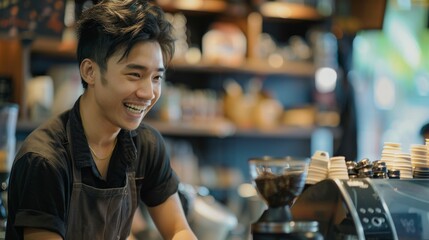 A young barista smiles while preparing coffee in a bustling coffee shop