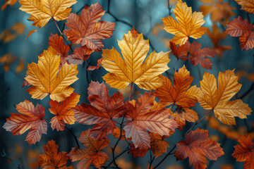 An autumn forest with leaves in shades of red, orange, and yellow. Concept of seasonal change and vibrant colors. Generative Ai.