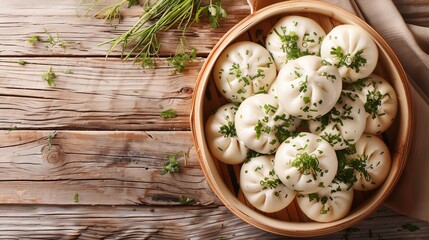 Top view of appetizing bao buns, stuffed and steaming, set on a wooden table, with ample space for text, clean and inviting