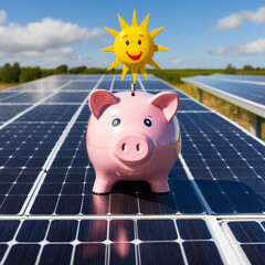 Solar energy money saving. A piggy bank money box on a solar energy panel