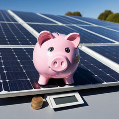 Solar energy money saving. A piggy bank money box on a solar energy panel