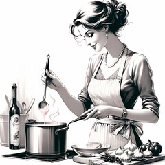 スタイリッシュな女性がキッチンで料理をしているシーンを描写しています。彼女はエプロンを着用し、優雅にスープを混ぜている様子が印象的です。背景にはワインボトルや野菜が置かれており、家庭的で温かい雰囲気が漂っています。モノクロームのタッチにピンクのアクセントが加えられており、洗練されたアートスタイルが特徴です。