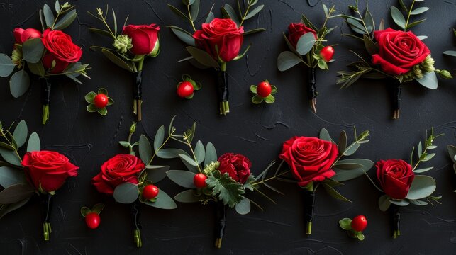 Top view of red boutonnieres, arranged flat on a black table, flat lay design with ample text space, chic and modern