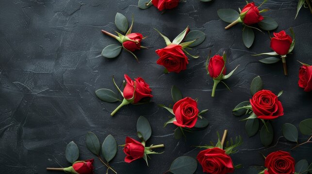 Top view of red boutonnieres, arranged flat on a black table, flat lay design with ample text space, chic and modern - Powered by Adobe