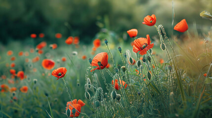 Obraz premium Picturesque view of blooming red poppies in a meadow at sunrise
