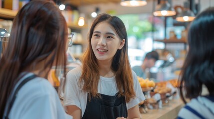 Fototapeta premium Young woman talking to customer at the counter