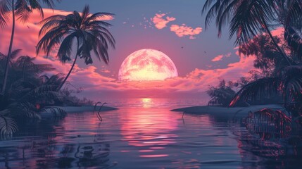 Seaside Sunset on Palm Beach Trees 3D Render