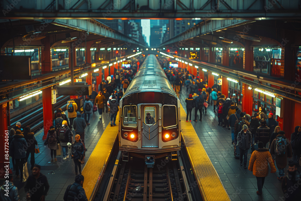 Poster a crowded subway station during rush hour. concept of public transportation and daily commute. gener