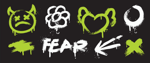 Set of graffiti spray element vector. Collection of colorful symbol, scribble, flower, stroke, heart, devil, arrow. Element on black background for banner, decoration, street art, ads. © TWINS DESIGN STUDIO