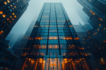 A sleek glass building in the financial district. Concept of business hubs and economic activity. Generative Ai.