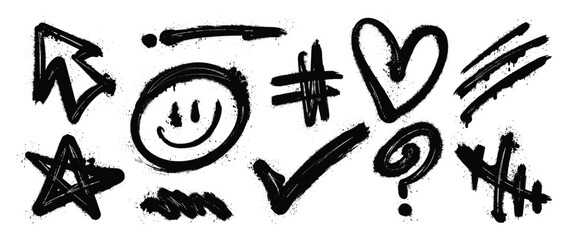 Set of graffiti spray element vector. Collection of colorful symbol, scribble, stroke, arrow, heart, smile, star. Element on white background for banner, decoration, street art, ads.