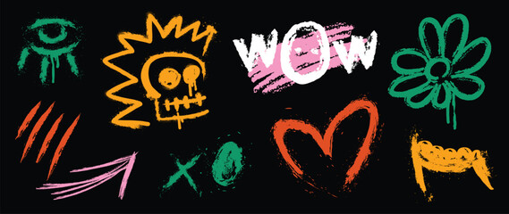 Set of graffiti spray element vector. Collection of colorful symbol, scribble, stroke, arrow, skull, heart, flower. Element on black background for banner, decoration, street art, ads. © TWINS DESIGN STUDIO