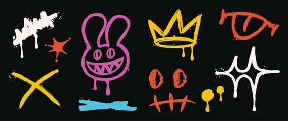 Set of graffiti spray element vector. Collection of colorful symbol, scribble, stroke, rabbit, crown, sparkle, cross, tongue. Element on black background for banner, decoration, street art, ads. © TWINS DESIGN STUDIO