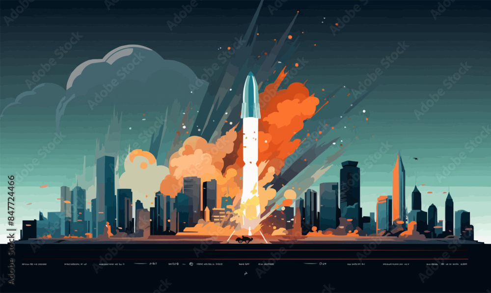 Poster tactical ballistic missile hitting destroyed city isolated vector style with transparent background 