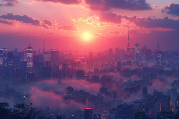 Fototapeta premium A panoramic view of a city's skyline at dawn. Concept of urban beauty and early morning calm. Generative Ai.