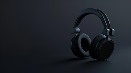 Sleek black over-ear headphones against a dark background, their minimalist design and smooth curves emphasize modern technology and elegance.