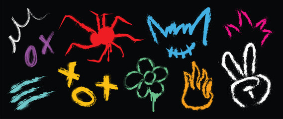 Set of graffiti spray element vector. Collection of colorful symbol, scribble, stroke, arrow, spider, flower, hand. Element on black background for banner, decoration, street art, ads.