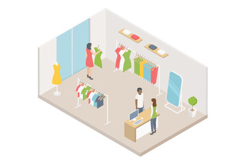 Isometric shopping concept. Clothing store scene. People choose and buy clothes isometry.
