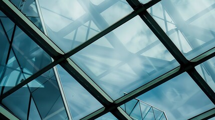 Factory glass windows, close-up, geometric patterns, no human, architectural details, soft morning light