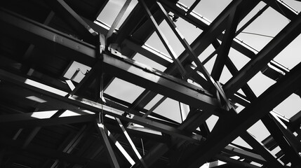 Factory roof trusses, close-up, no people, architectural precision, black and white style, dramatic shadows 