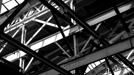 Factory roof trusses, close-up, no people, architectural precision, black and white style, dramatic shadows 