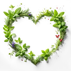 Fototapeta premium Herz Rahmen herzförmig, frische aromatische bunte Gewürze Kräuter, Aroma voller Kraft Farbe als Dekoration Hintergründe Vorlage, mediterrane leichte Küche Kochen Zutaten verliebt grüne Blätter