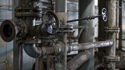 Industrial pipes and valves, close-up, part of factory architecture, no people, clear focus, muted colors 