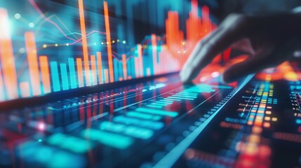 Hand interacting with digital financial data on a touchscreen interface, advanced analytics, technology and data visualization
